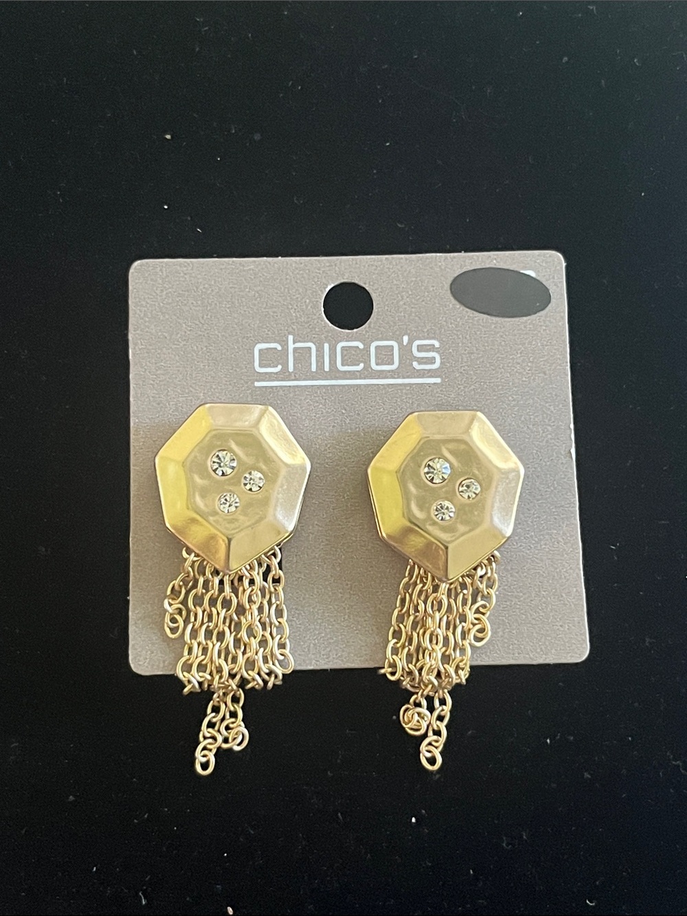 Chico's Clip Gold Octagon Drop Earrings with Chain Tassels